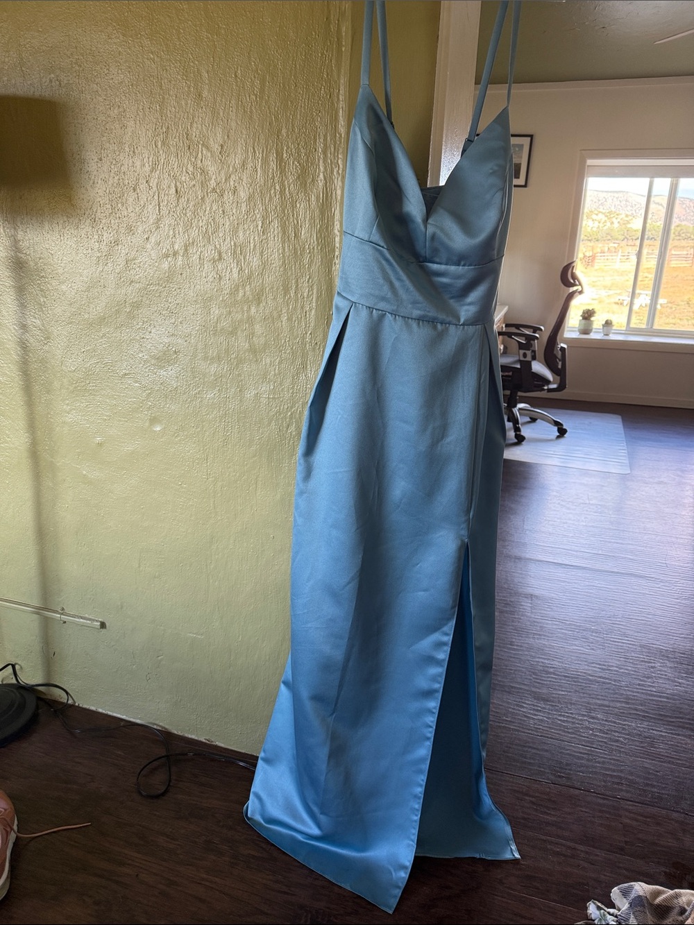 Studio Blue Satin Cowl Neck Slip Gown with Slit